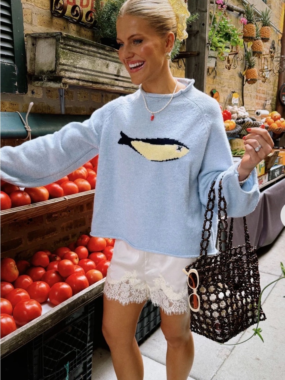 Coco McCall Light Blue Fish Motif Crewneck Sweater